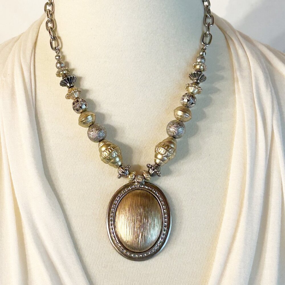 Chicos Gold-Tone & Silver-Tone Statement Necklace With Oval Pendant